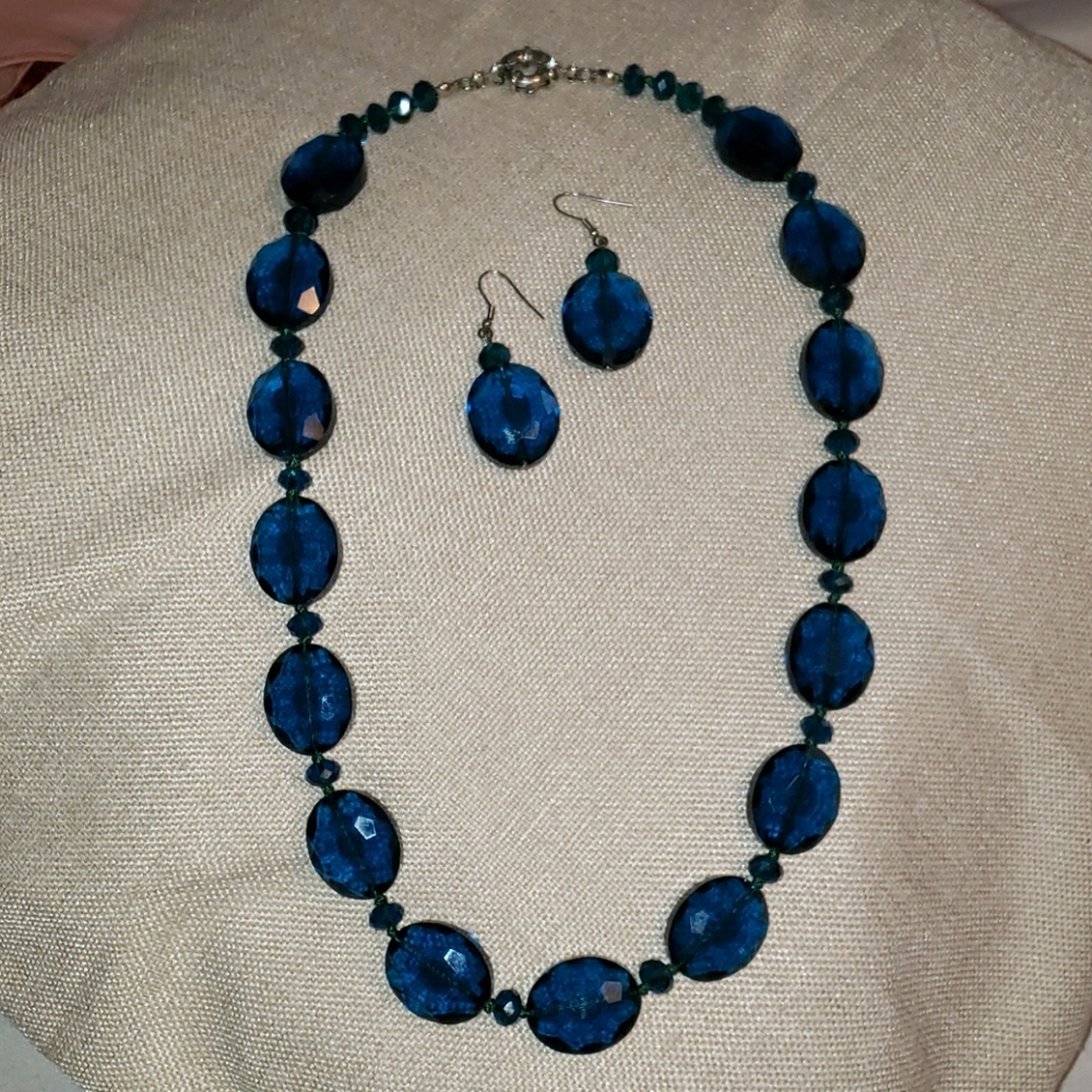 Blue Faux Gem Necklace & Earrings Set